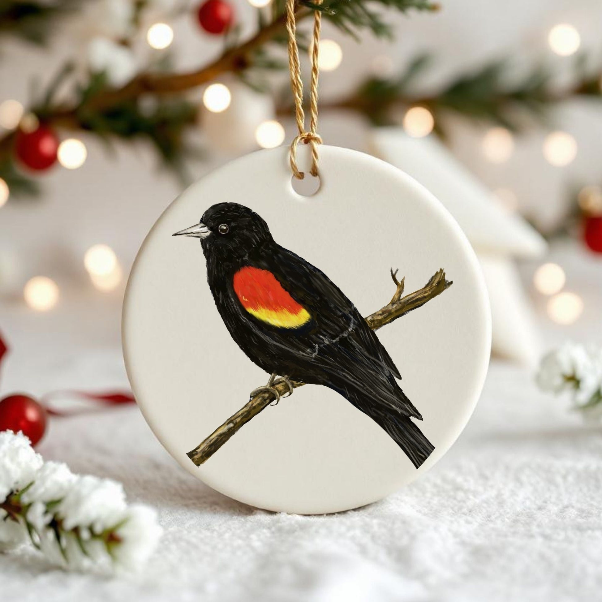 Red - Winged Blackbird Ceramic Ornament - MerikaArt
