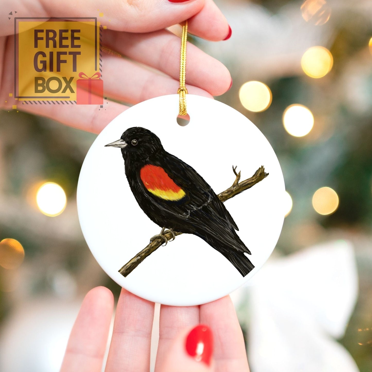 Red - Winged Blackbird Ceramic Ornament - MerikaArt
