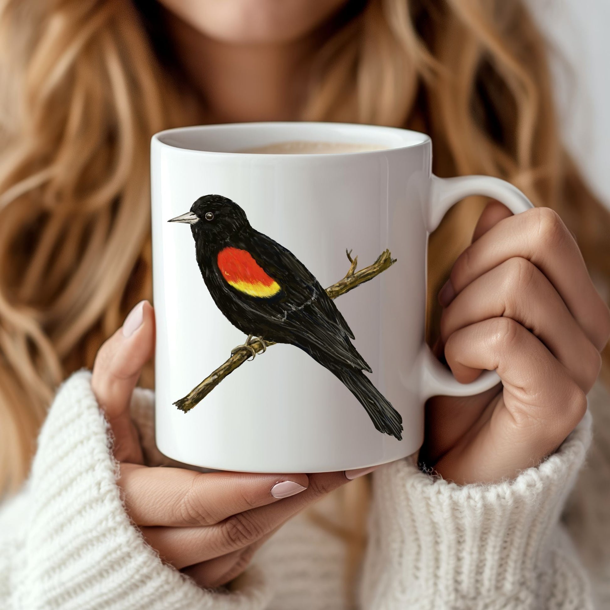 Red - Winged Blackbird Mug with Detailed Illustration - MerikaArt