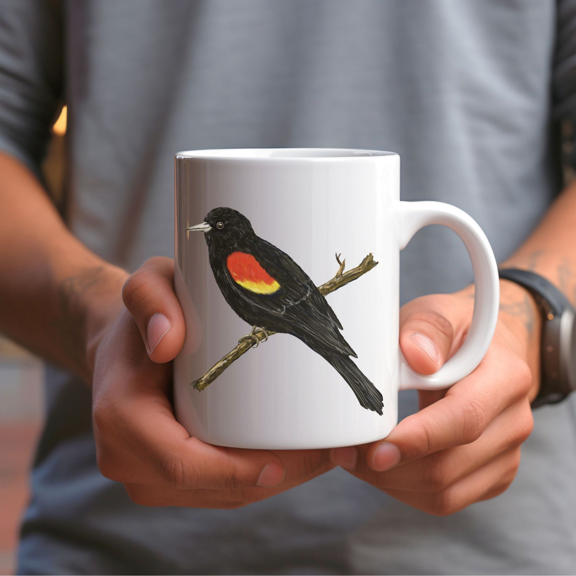 Red - Winged Blackbird Mug with Detailed Illustration - MerikaArt