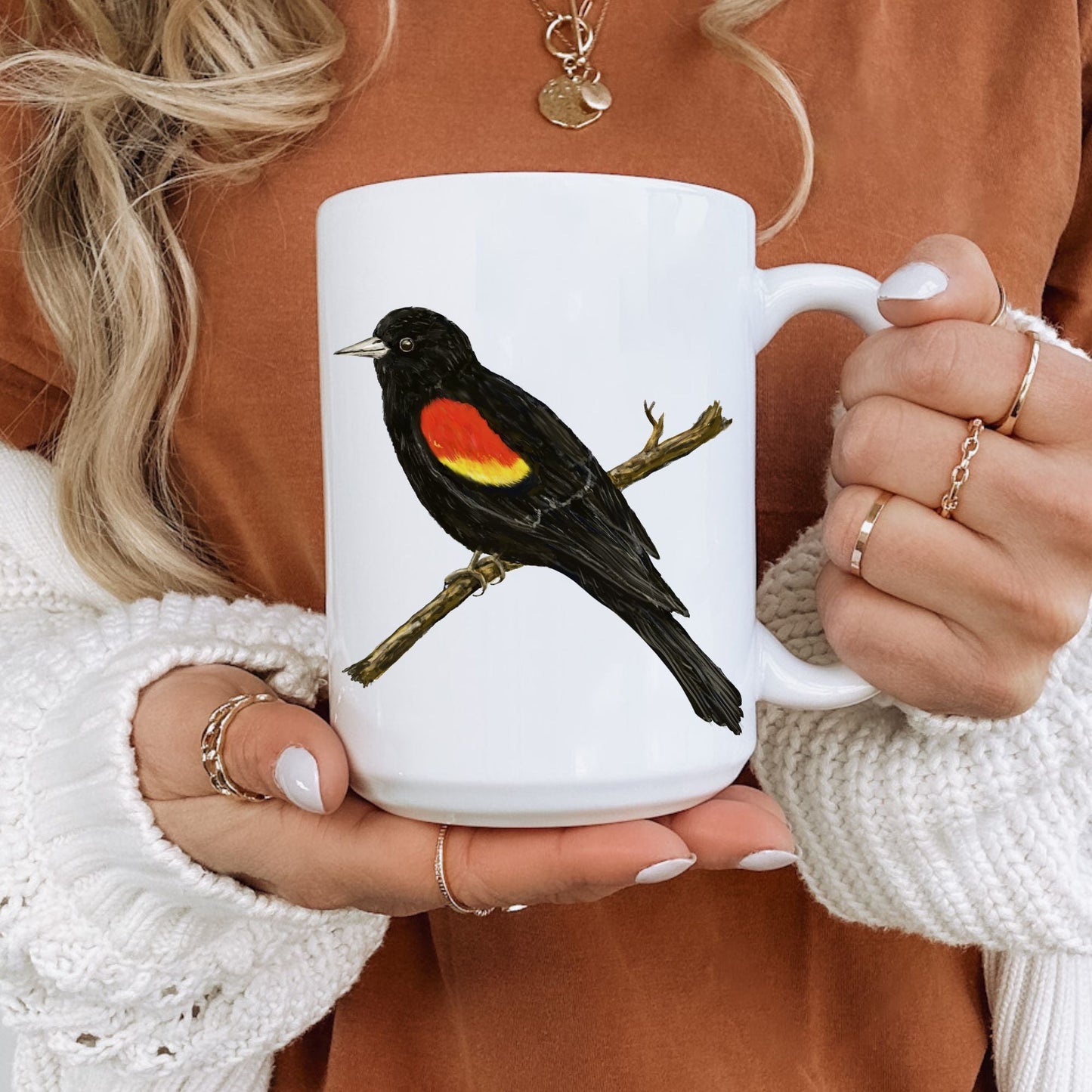 Red - Winged Blackbird Mug with Detailed Illustration - MerikaArt