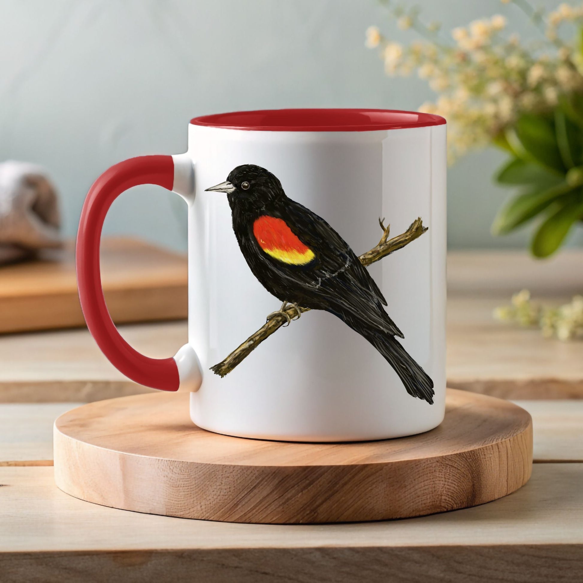 Red - Winged Blackbird Mug with Detailed Illustration - MerikaArt