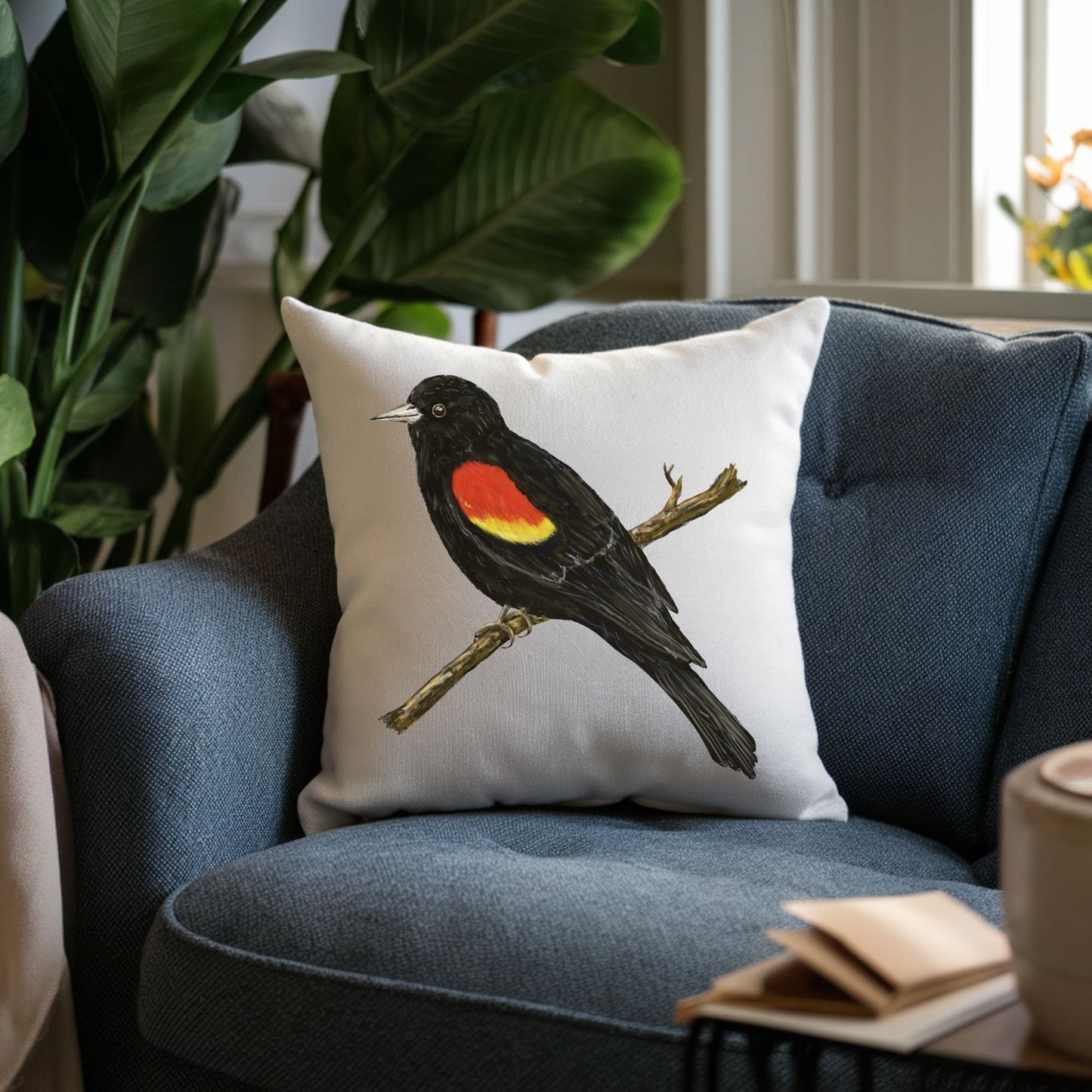 Red - Winged Blackbird Pillow - MerikaArt