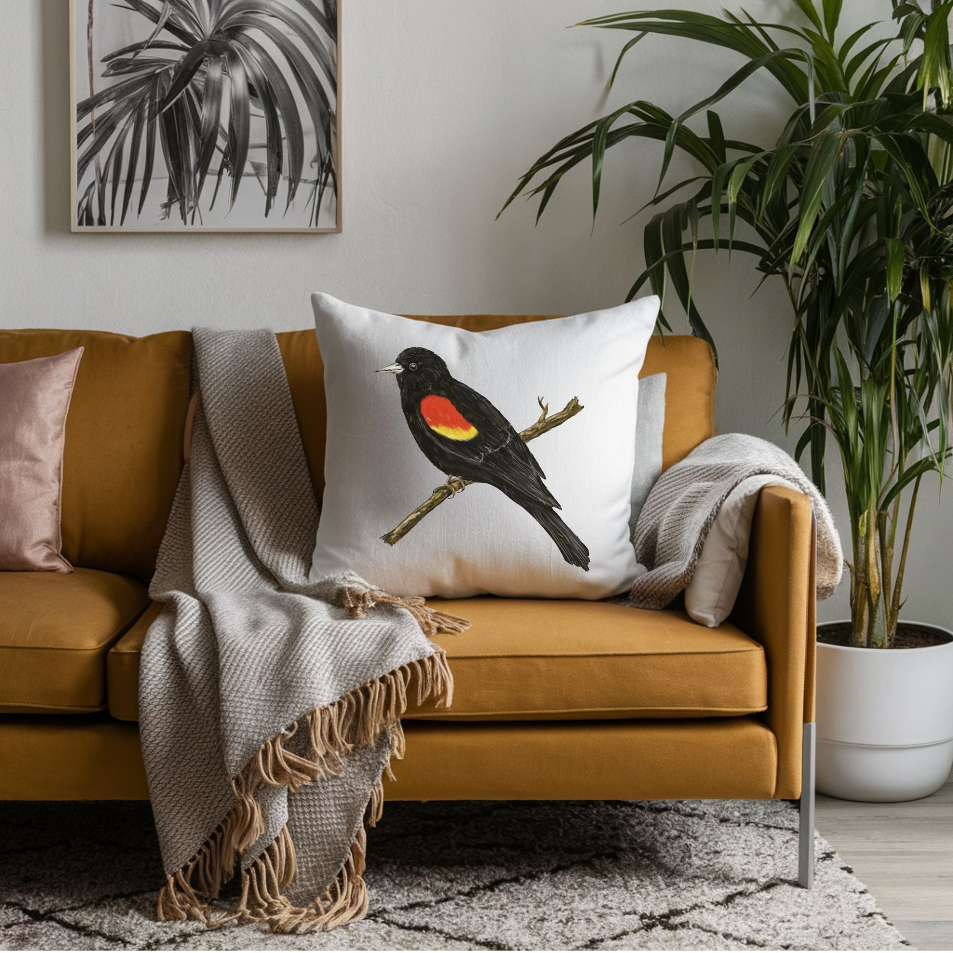 Red - Winged Blackbird Pillow - MerikaArt