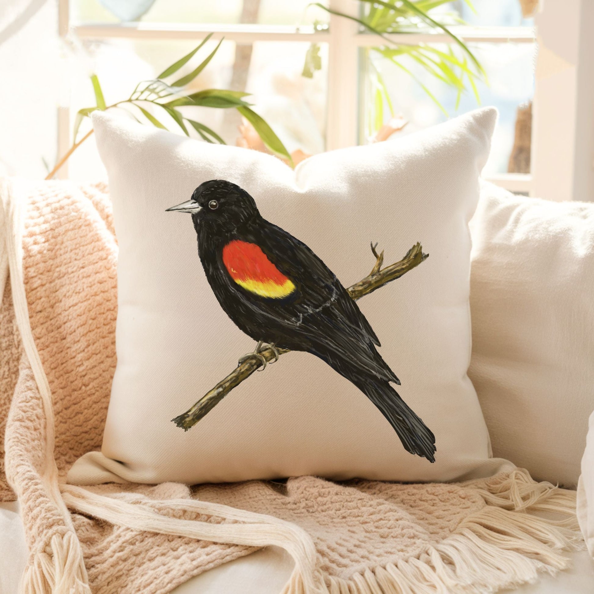 Red - Winged Blackbird Pillow - MerikaArt