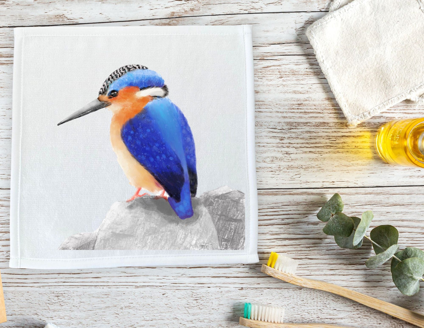 Regal Kingfisher on Rock Washcloth - MerikaArt