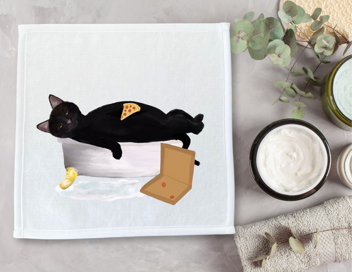 Relaxed Black Cat Pizza Washcloth – Fun Gift for Cat and Pizza Lovers - MerikaArt