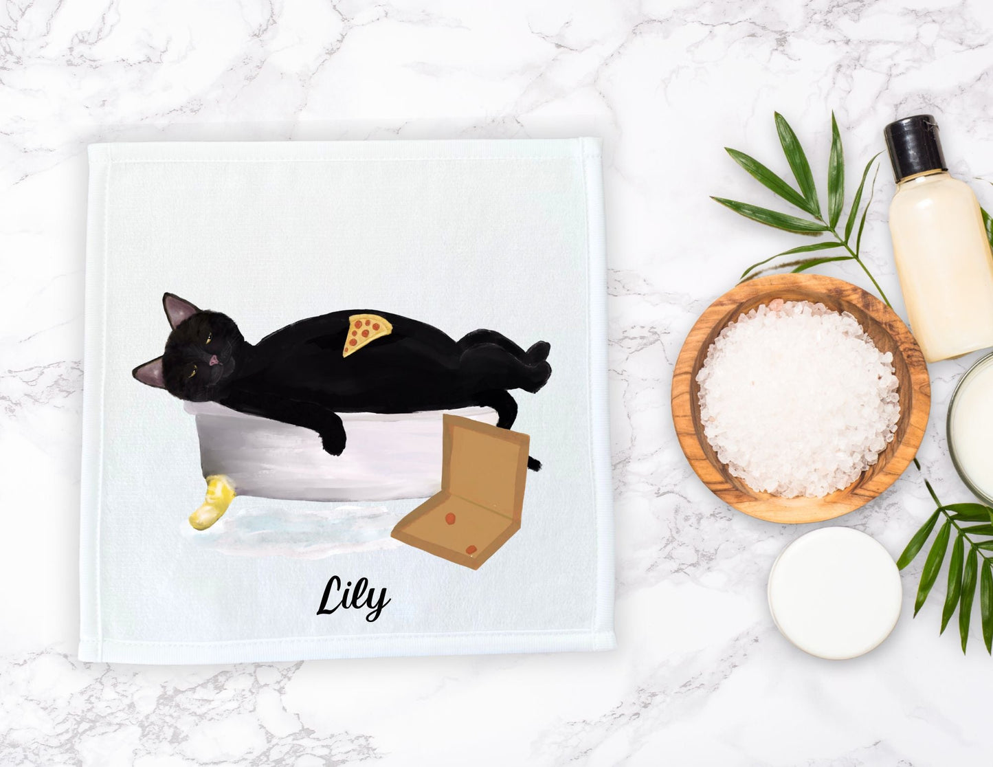 Relaxed Black Cat Pizza Washcloth – Fun Gift for Cat and Pizza Lovers - MerikaArt