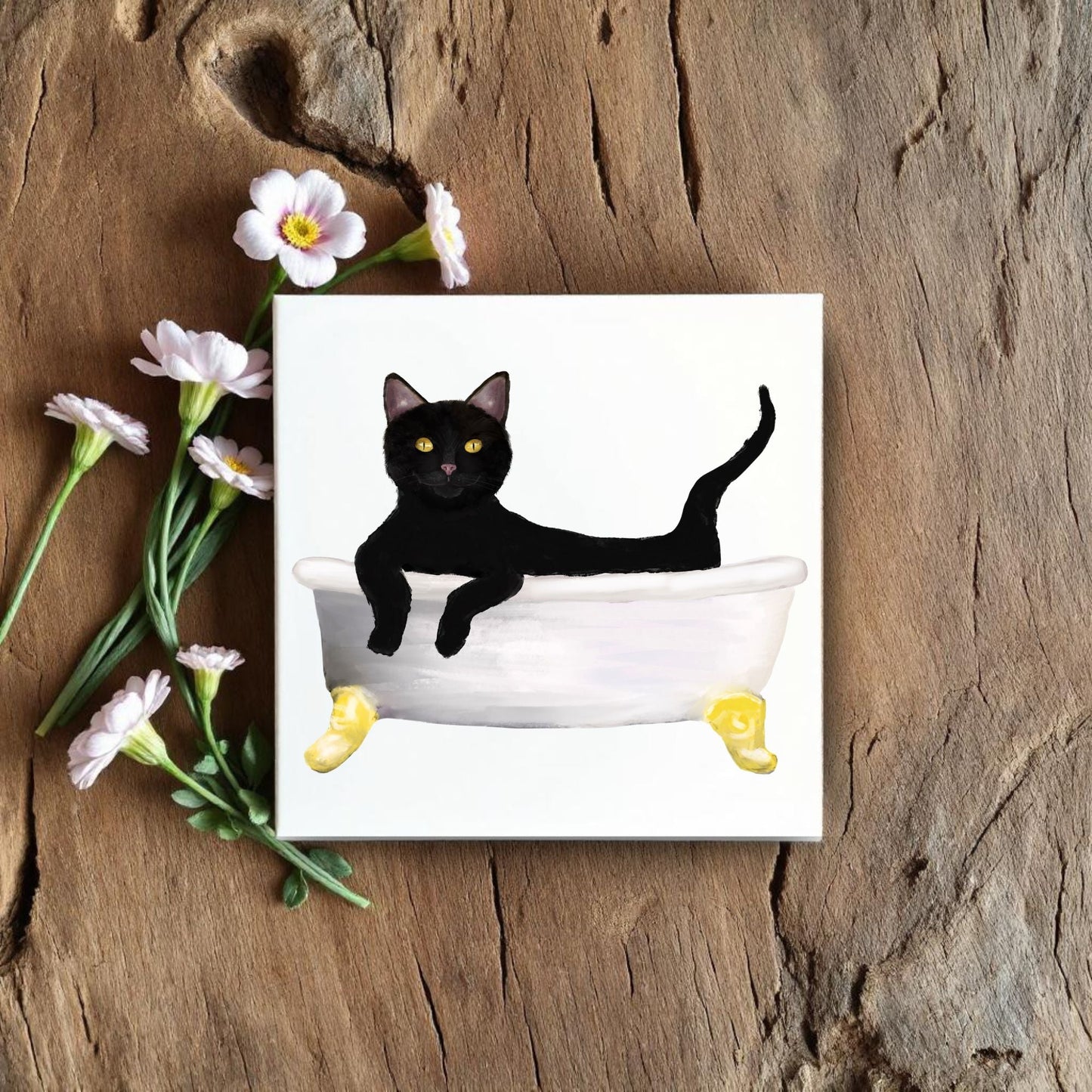 Relaxing Black Cat in Bathtub Ceramic Tile – Handcrafted Whimsical Pet Art Decor - MerikaArt