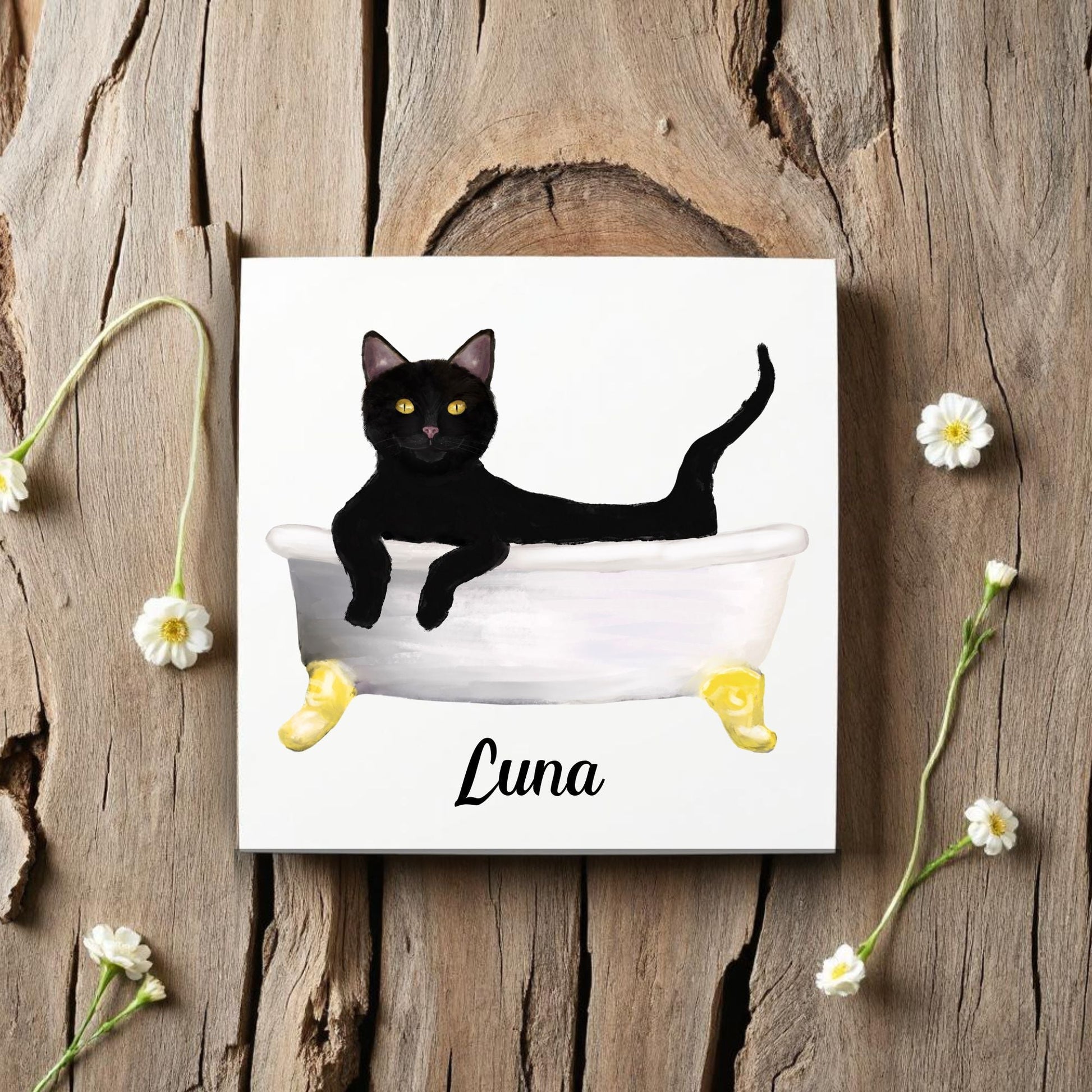 Relaxing Black Cat in Bathtub Ceramic Tile – Handcrafted Whimsical Pet Art Decor - MerikaArt