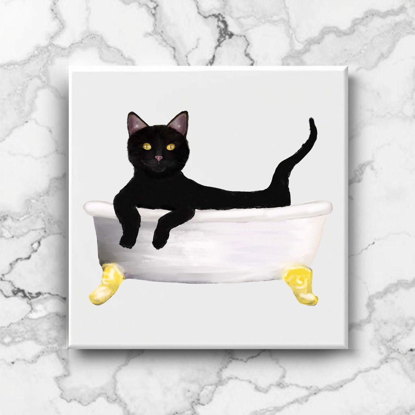 Relaxing Black Cat in Bathtub Ceramic Tile – Handcrafted Whimsical Pet Art Decor - MerikaArt