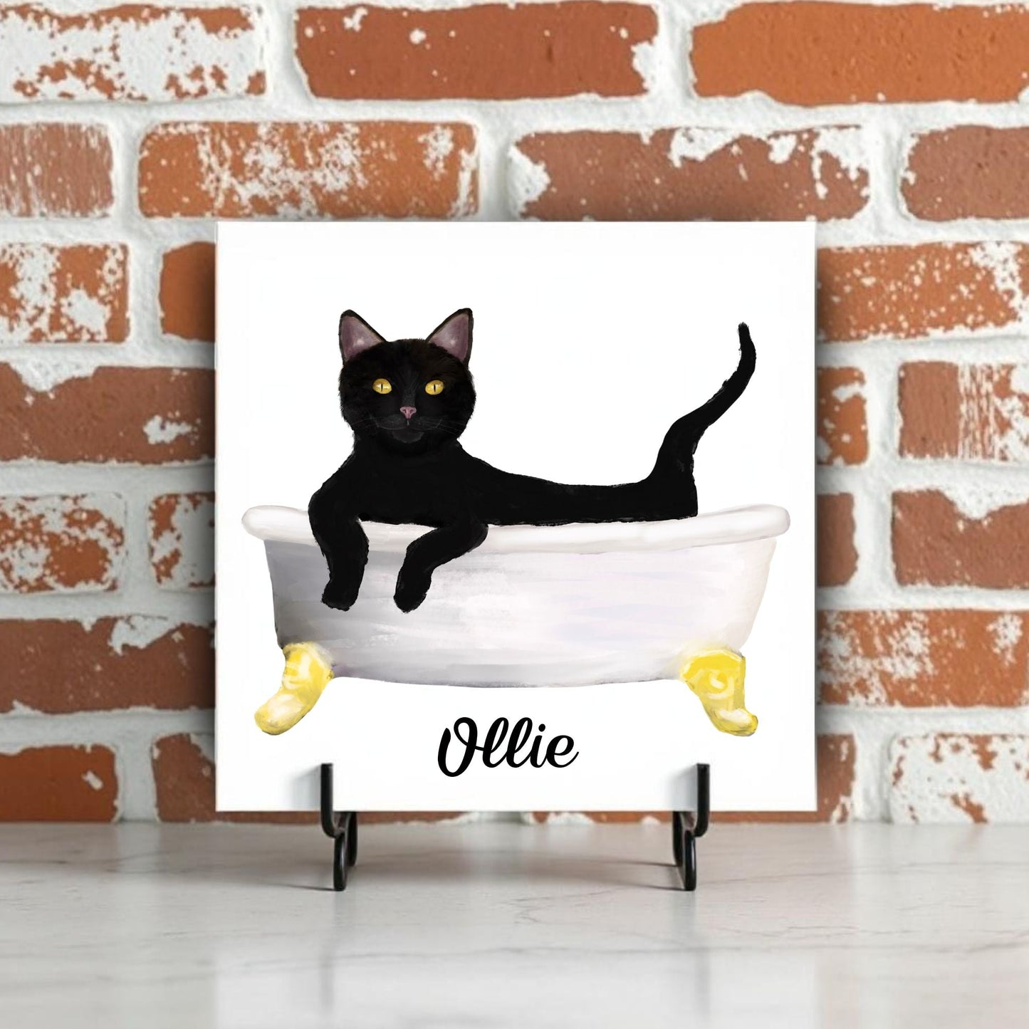 Relaxing Black Cat in Bathtub Ceramic Tile – Handcrafted Whimsical Pet Art Decor - MerikaArt