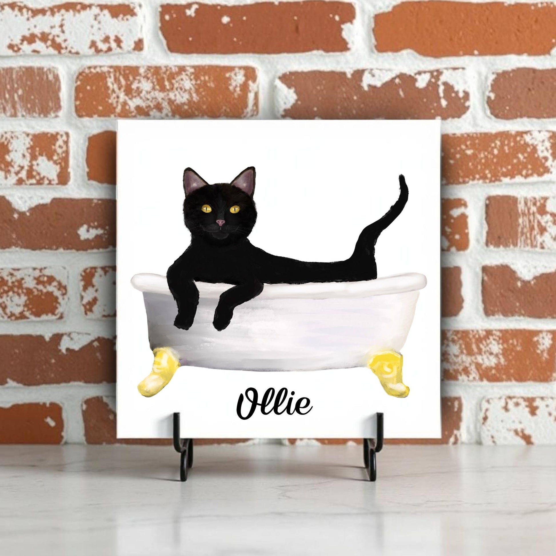 Relaxing Black Cat in Bathtub Ceramic Tile – Handcrafted Whimsical Pet Art Decor - MerikaArt