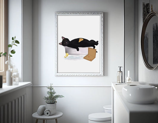 Relaxing Black Cat with Pizza in Bathtub – Fun and Unique Cat Art Print - MerikaArt