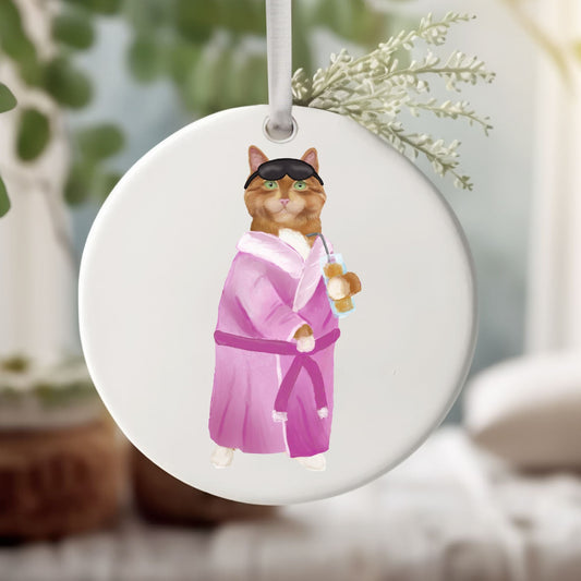 Relaxing Ginger Cat in Robe Ceramic Ornament - MerikaArt