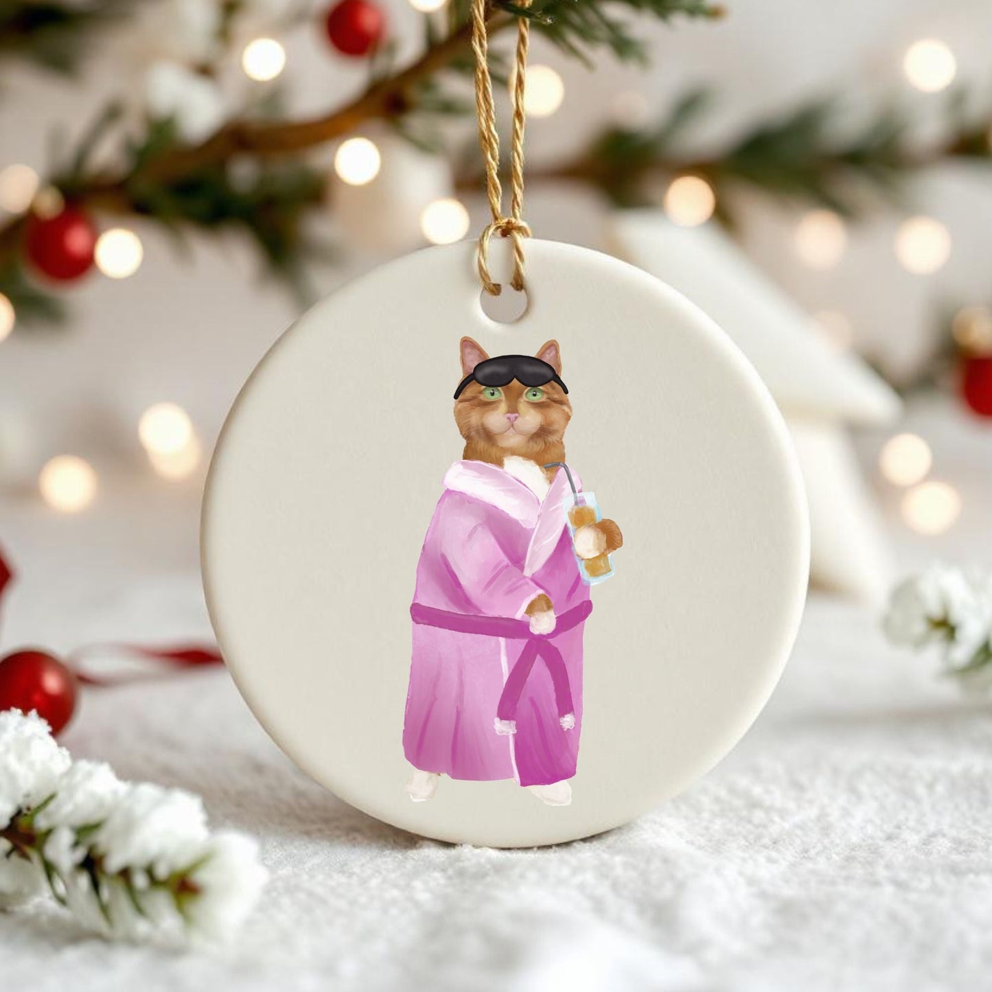 Relaxing Ginger Cat in Robe Ceramic Ornament - MerikaArt