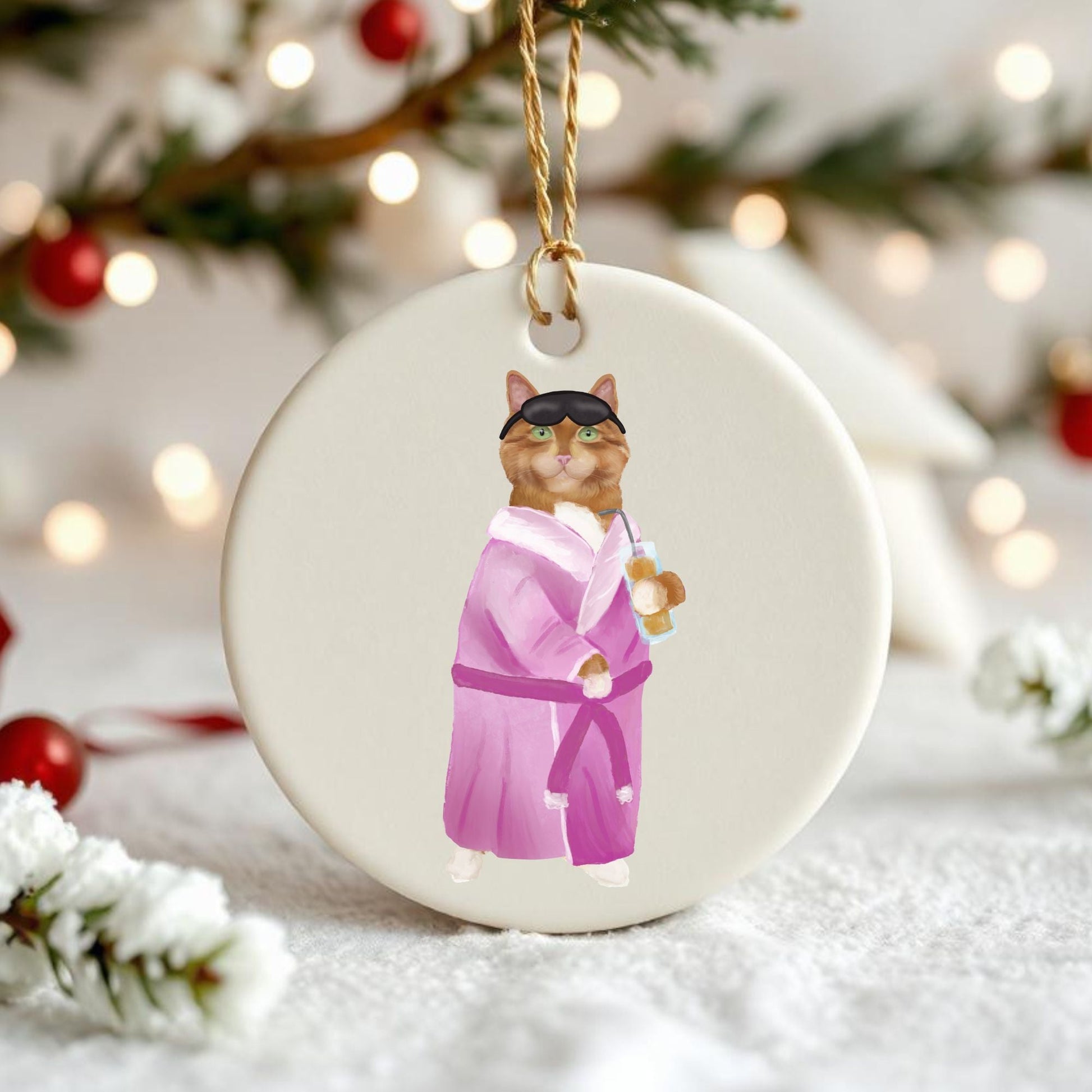Relaxing Ginger Cat in Robe Ceramic Ornament - MerikaArt