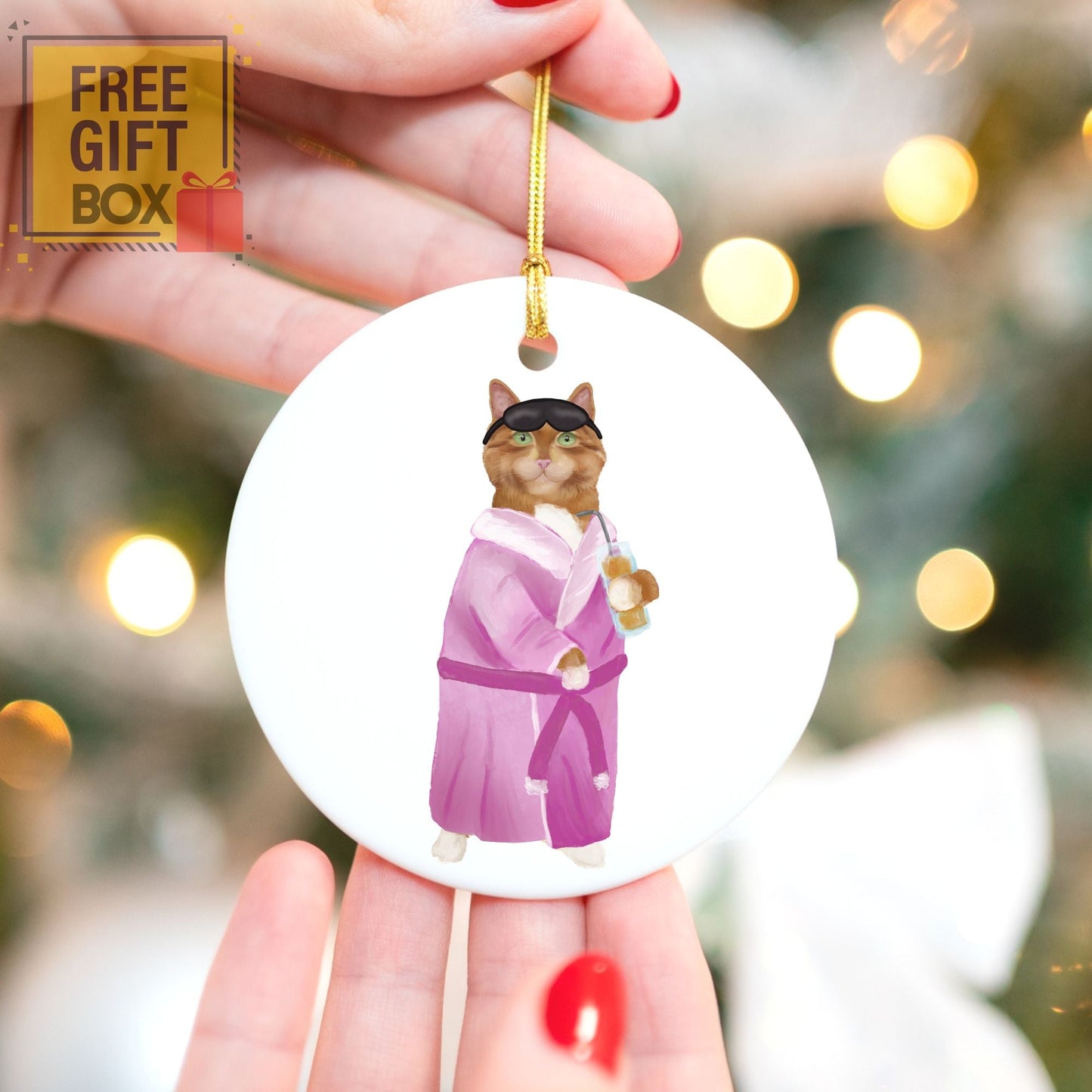 Relaxing Ginger Cat in Robe Ceramic Ornament - MerikaArt