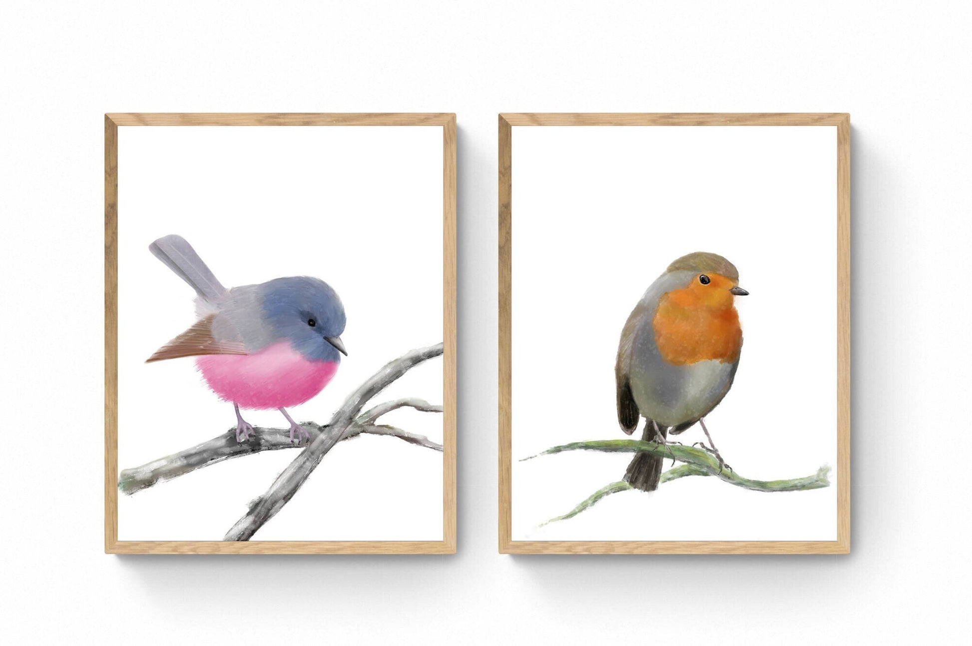 Robin Bird set of 2 Print, Robin and Pink Robin Bird Painting, Red Bellied Bird Print, Nursery Print, Living Room Wall Art, Mom Gift - MerikaArt