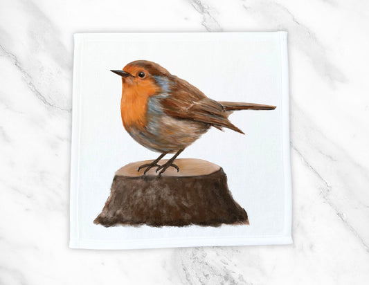 Robin on Tree Stump Washcloth - MerikaArt