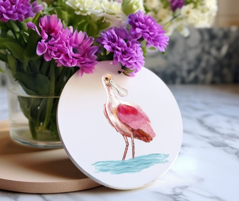 Roseate Spoonbill Ceramic Coaster - MerikaArt