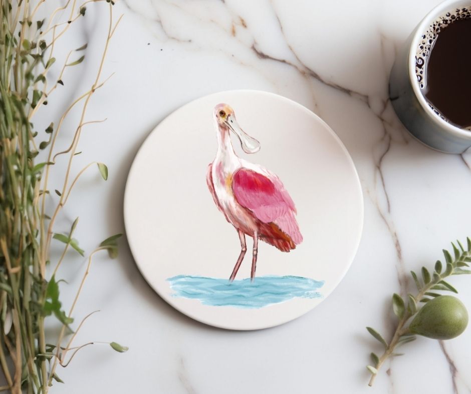 Roseate Spoonbill Ceramic Coaster - MerikaArt