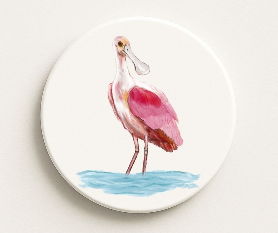 Roseate Spoonbill Ceramic Coaster - MerikaArt