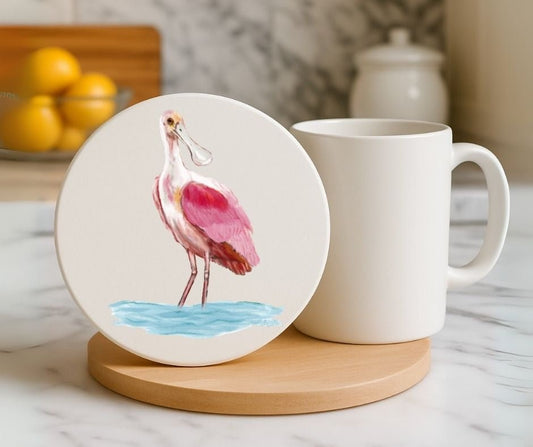 Roseate Spoonbill Ceramic Coaster - MerikaArt