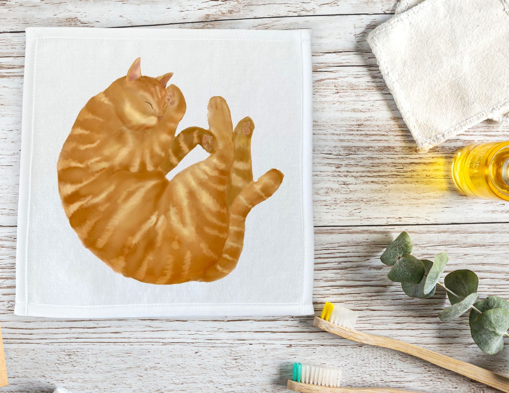 Round Sleeping Orange Tabby Cat Washcloth - MerikaArt