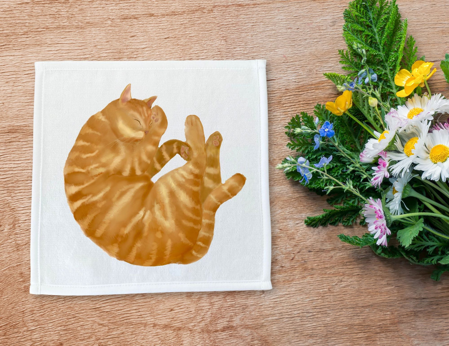 Round Sleeping Orange Tabby Cat Washcloth - MerikaArt