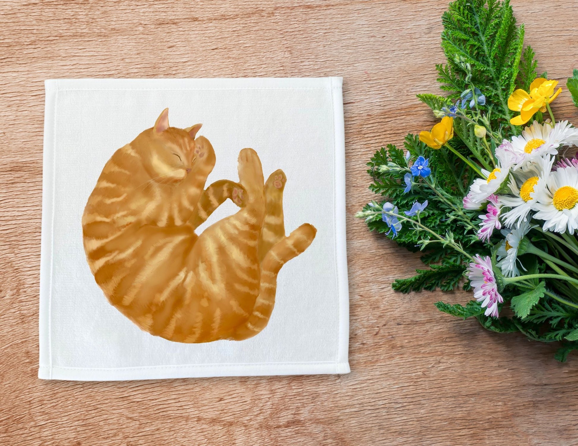 Round Sleeping Orange Tabby Cat Washcloth - MerikaArt
