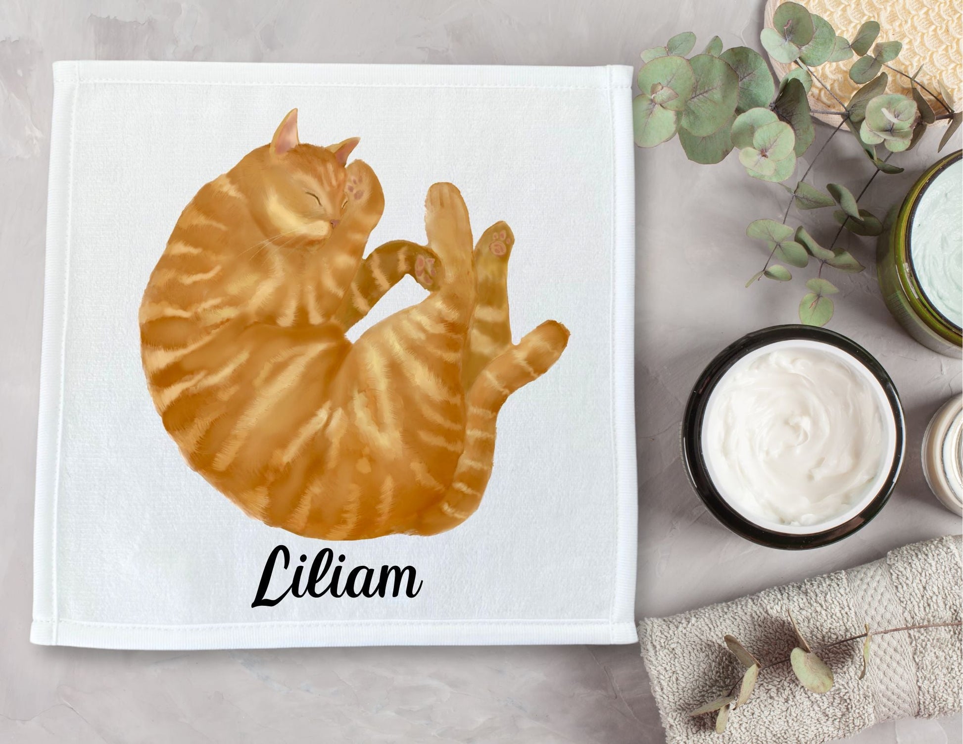 Round Sleeping Orange Tabby Cat Washcloth - MerikaArt