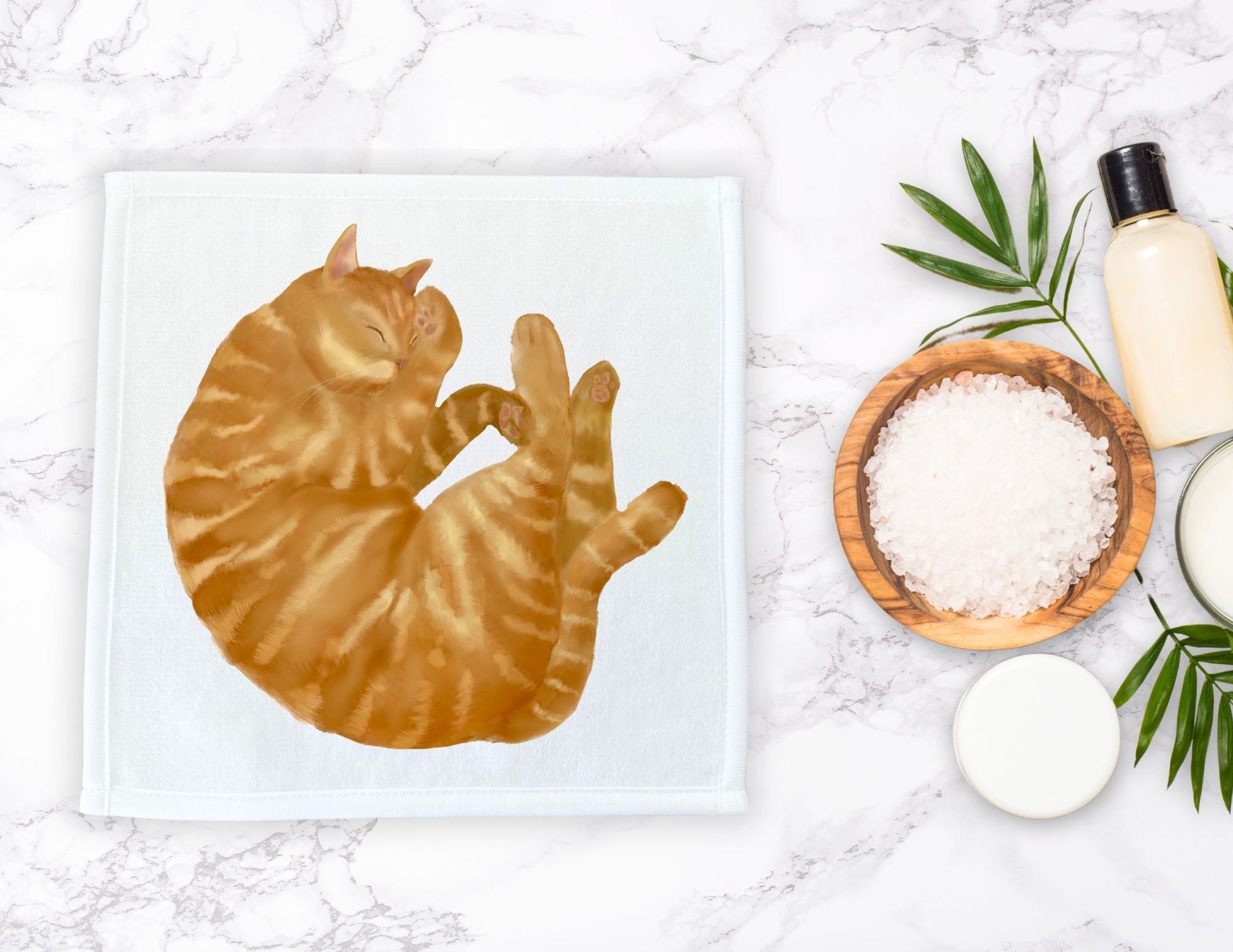 Round Sleeping Orange Tabby Cat Washcloth - MerikaArt