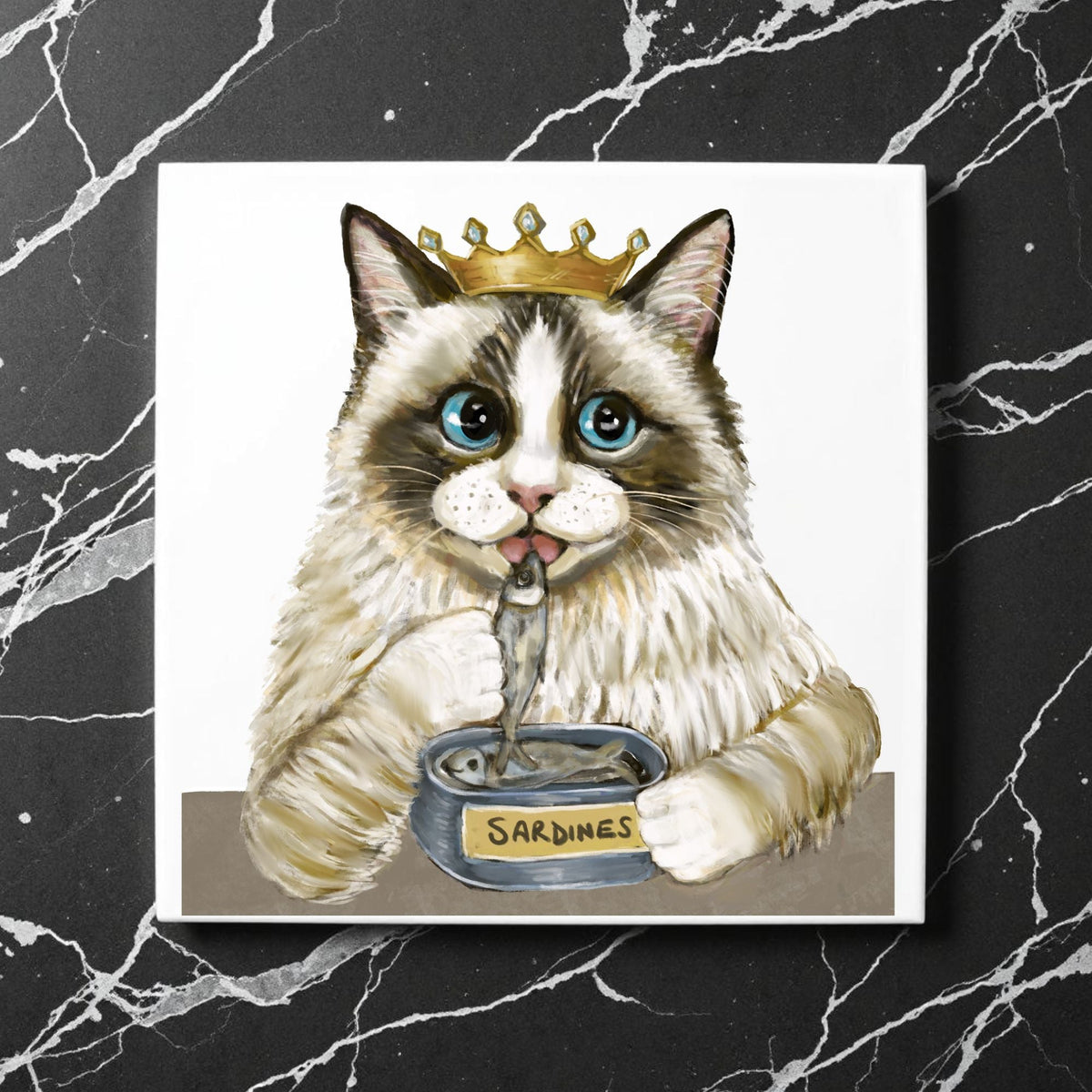Royal Ragdoll Cat with Sardines Ceramic Tile - MerikaArt