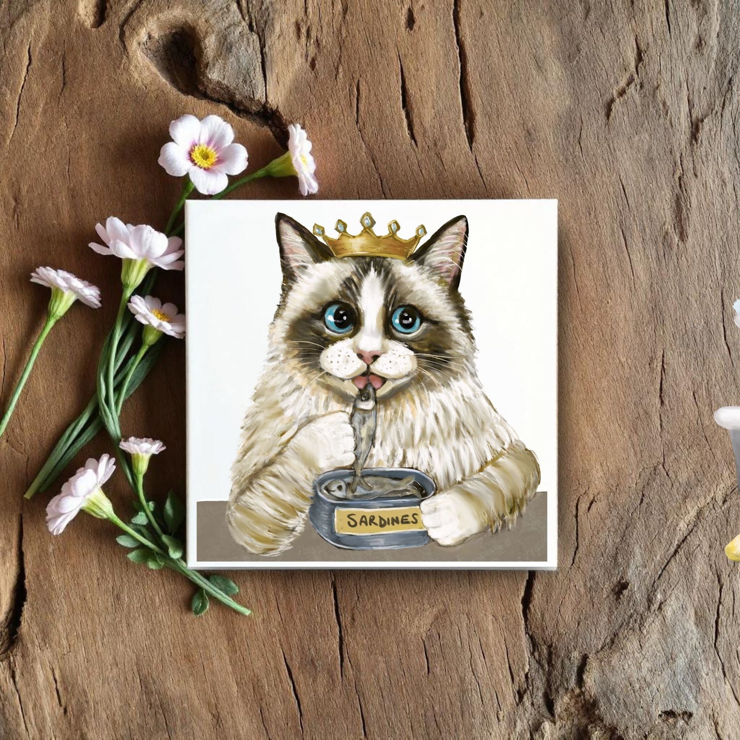 Royal Ragdoll Cat with Sardines Ceramic Tile - MerikaArt