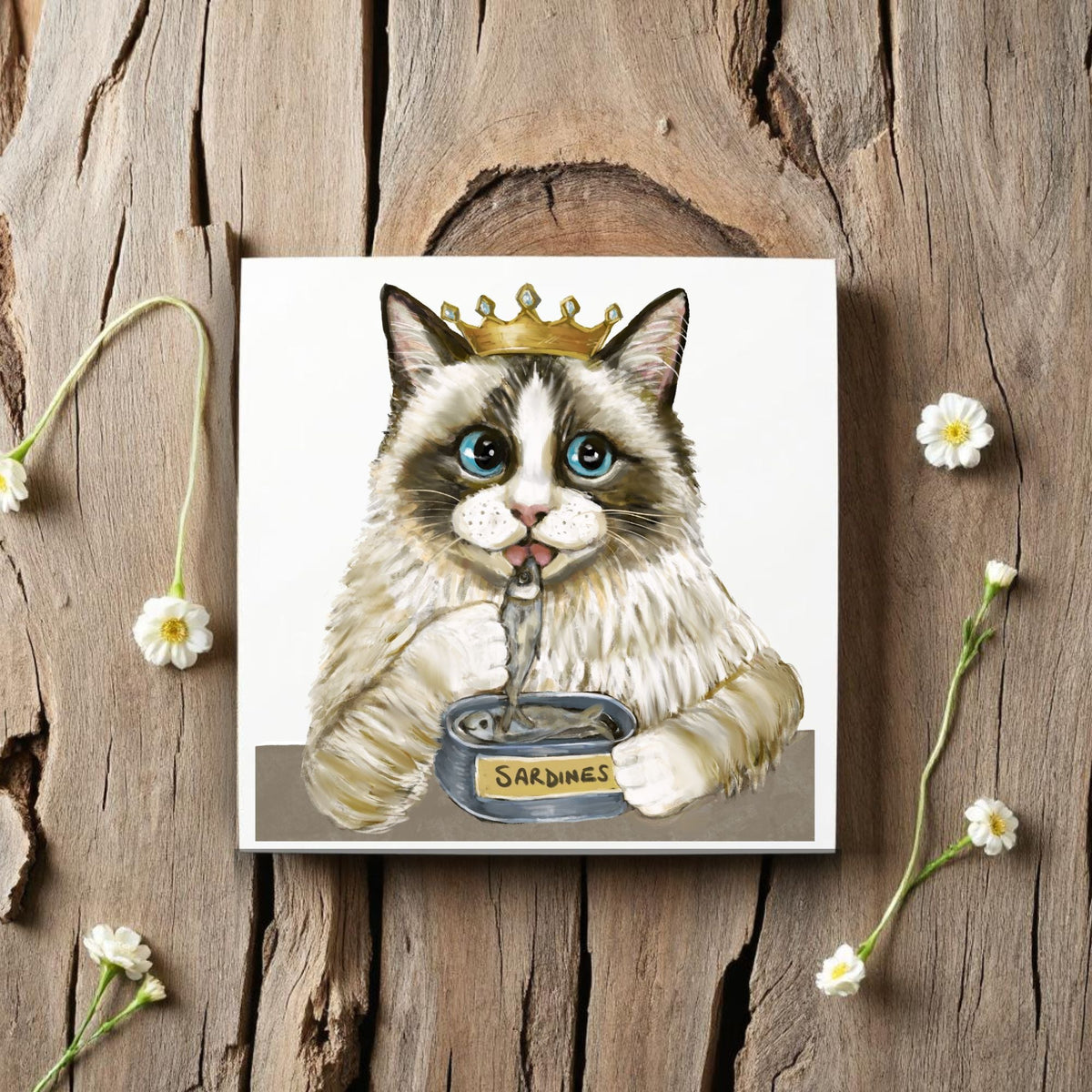 Royal Ragdoll Cat with Sardines Ceramic Tile - MerikaArt