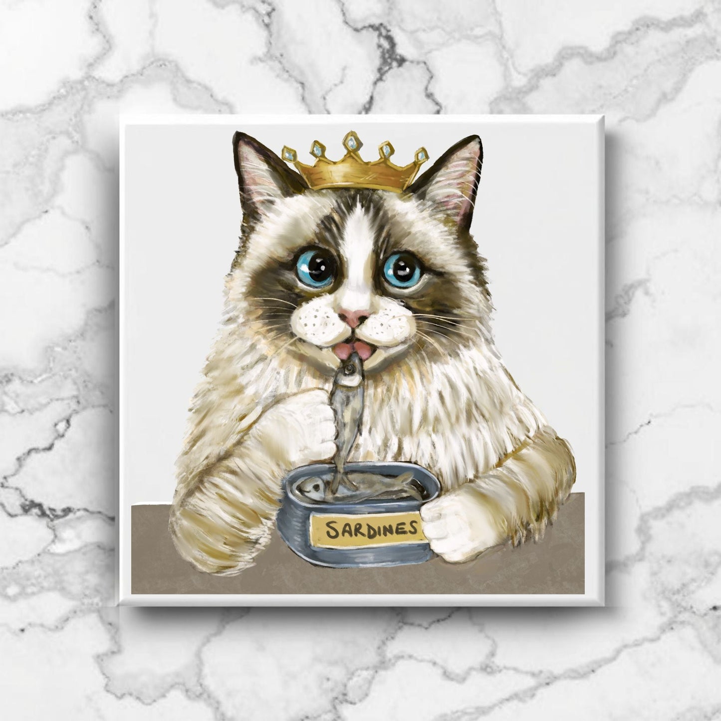 Royal Ragdoll Cat with Sardines Ceramic Tile - MerikaArt