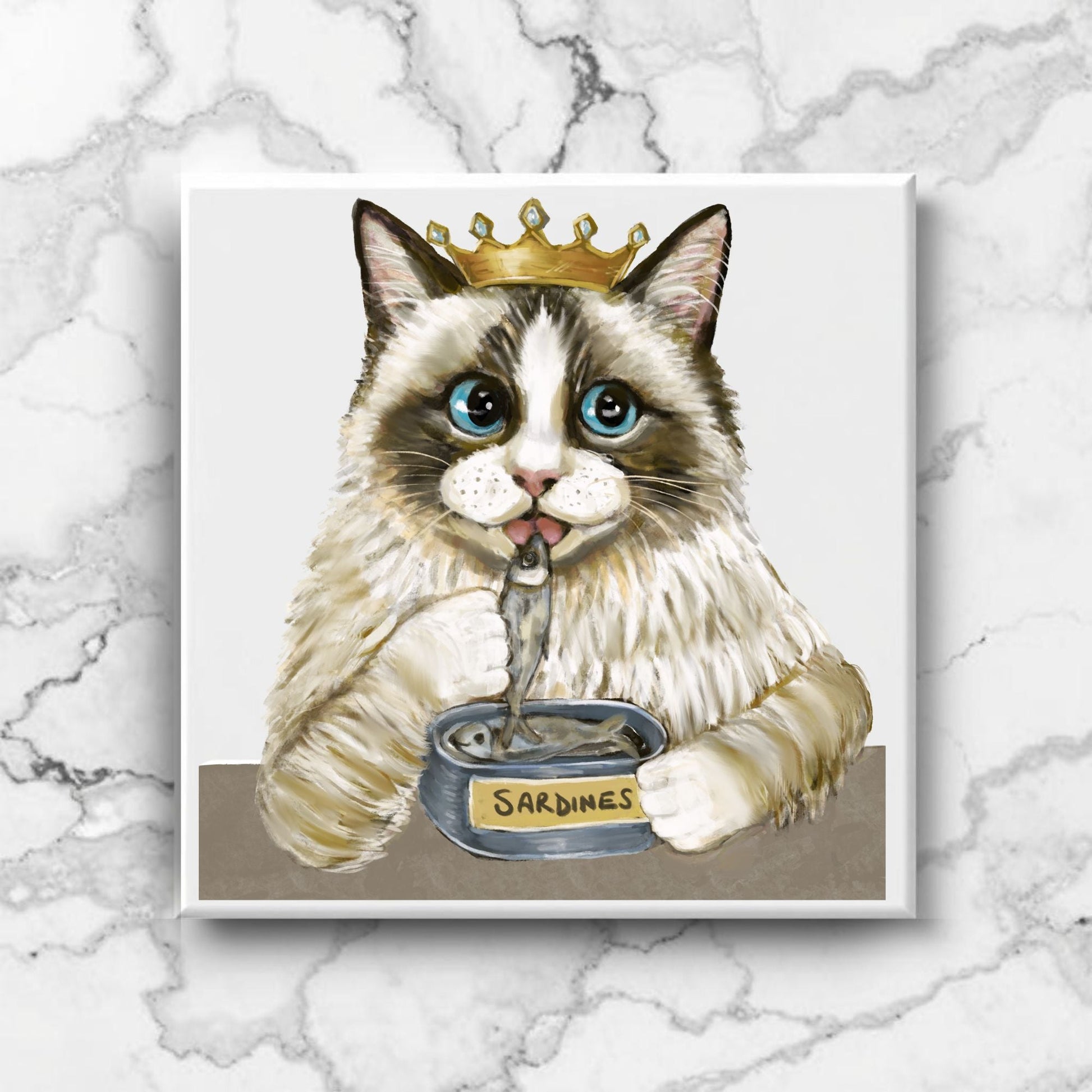 Royal Ragdoll Cat with Sardines Ceramic Tile - MerikaArt