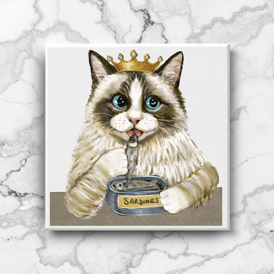 Royal Ragdoll Cat with Sardines Ceramic Tile - MerikaArt