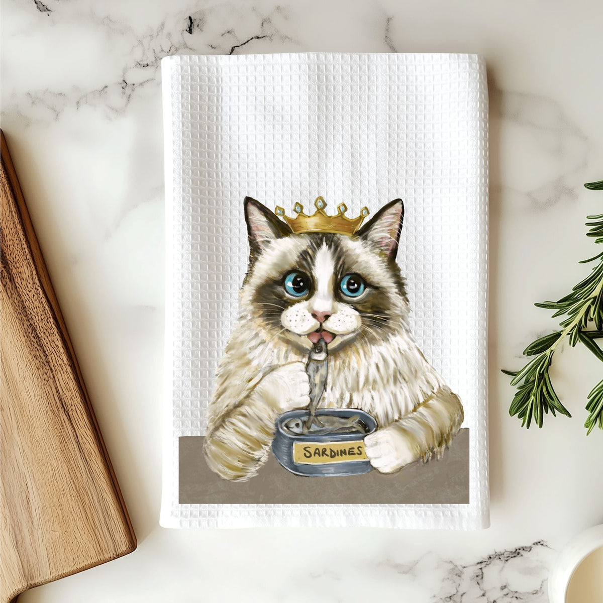 Royal Ragdoll Cat with Sardines Kitchen Towel - MerikaArt