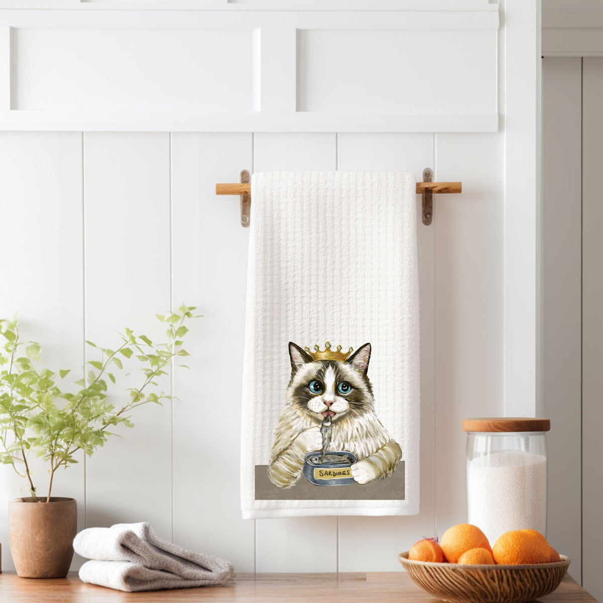 Royal Ragdoll Cat with Sardines Kitchen Towel - MerikaArt