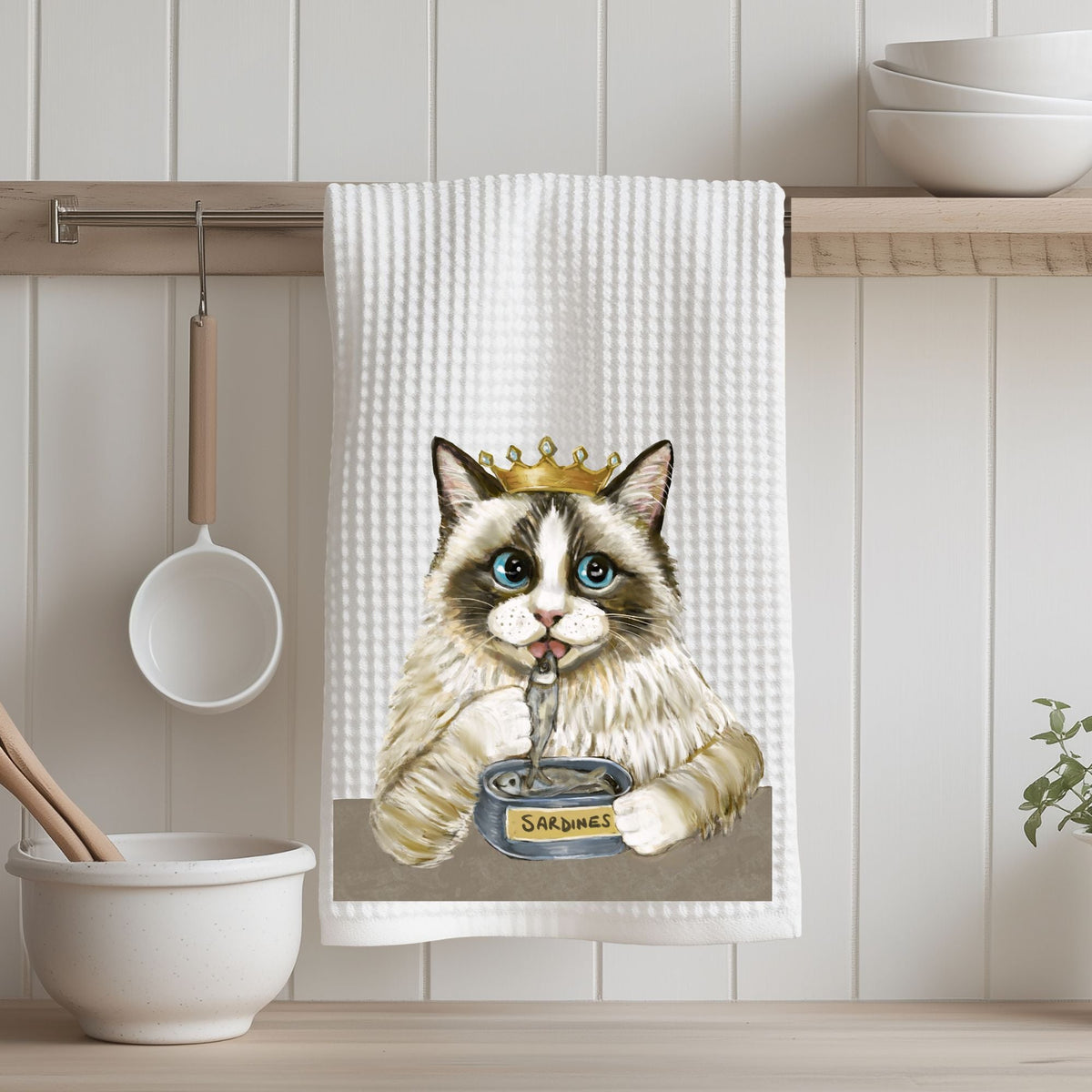 Royal Ragdoll Cat with Sardines Kitchen Towel - MerikaArt
