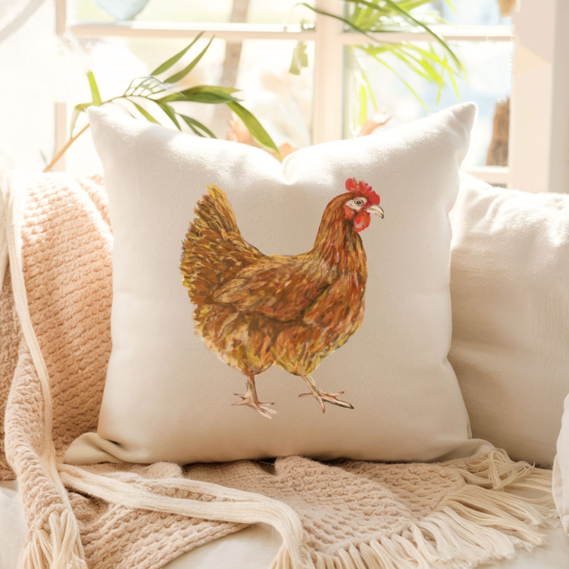 Rustic Hen Pillow - Farmhouse Nature Inspired Home Decor - MerikaArt