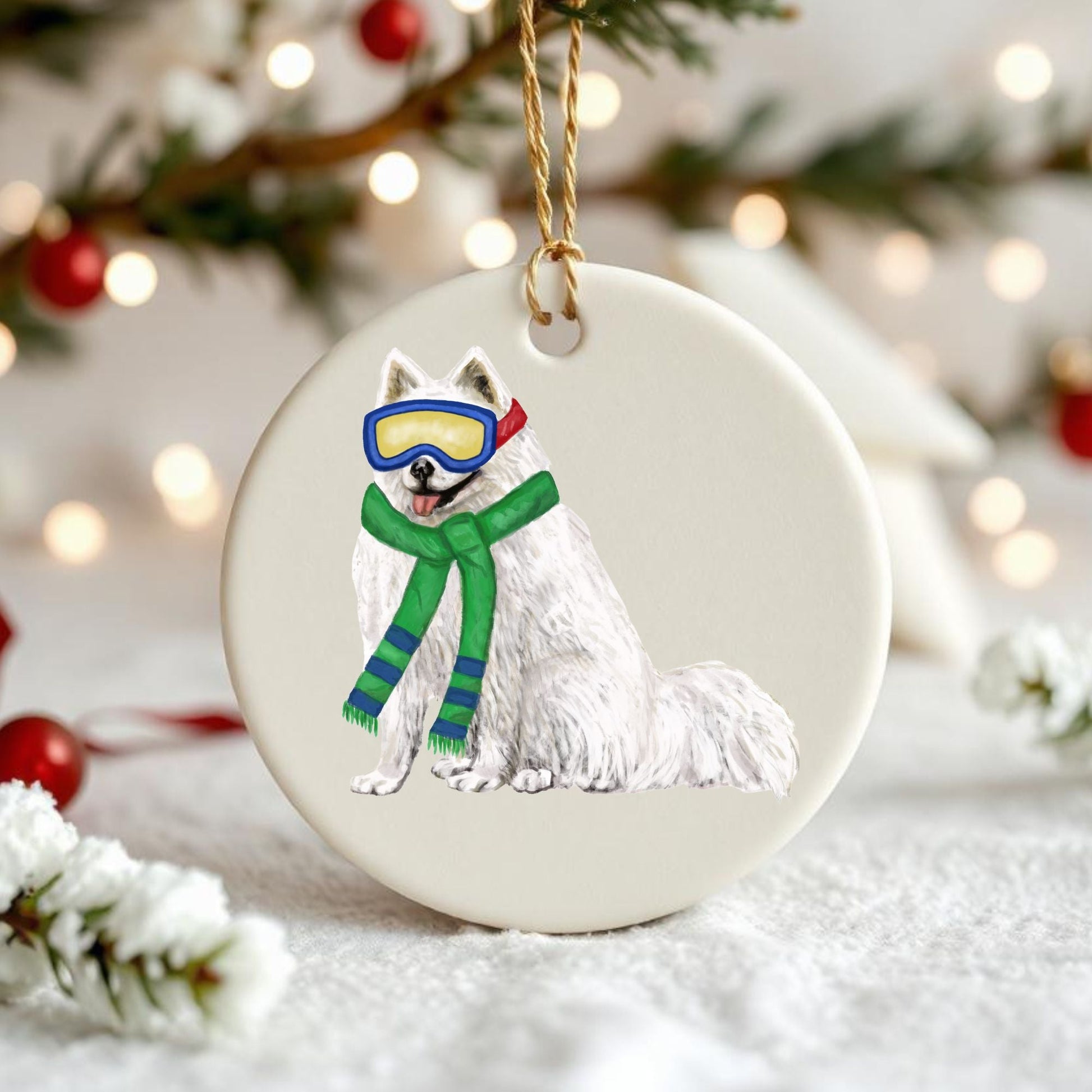 Samoyed Ski Christmas Ornament - MerikaArt