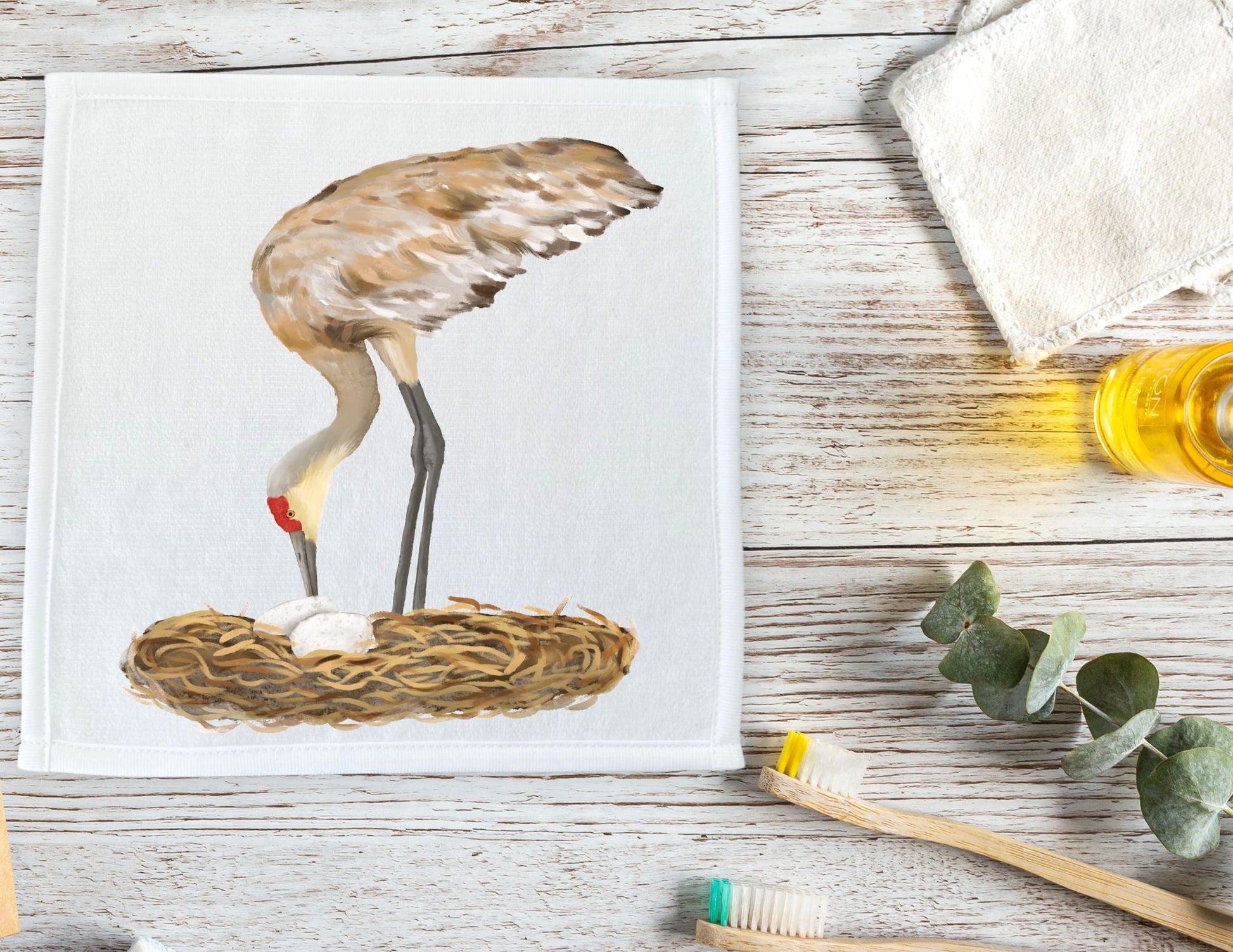 Sandhill Crane with Nest Bird Washcloth - MerikaArt