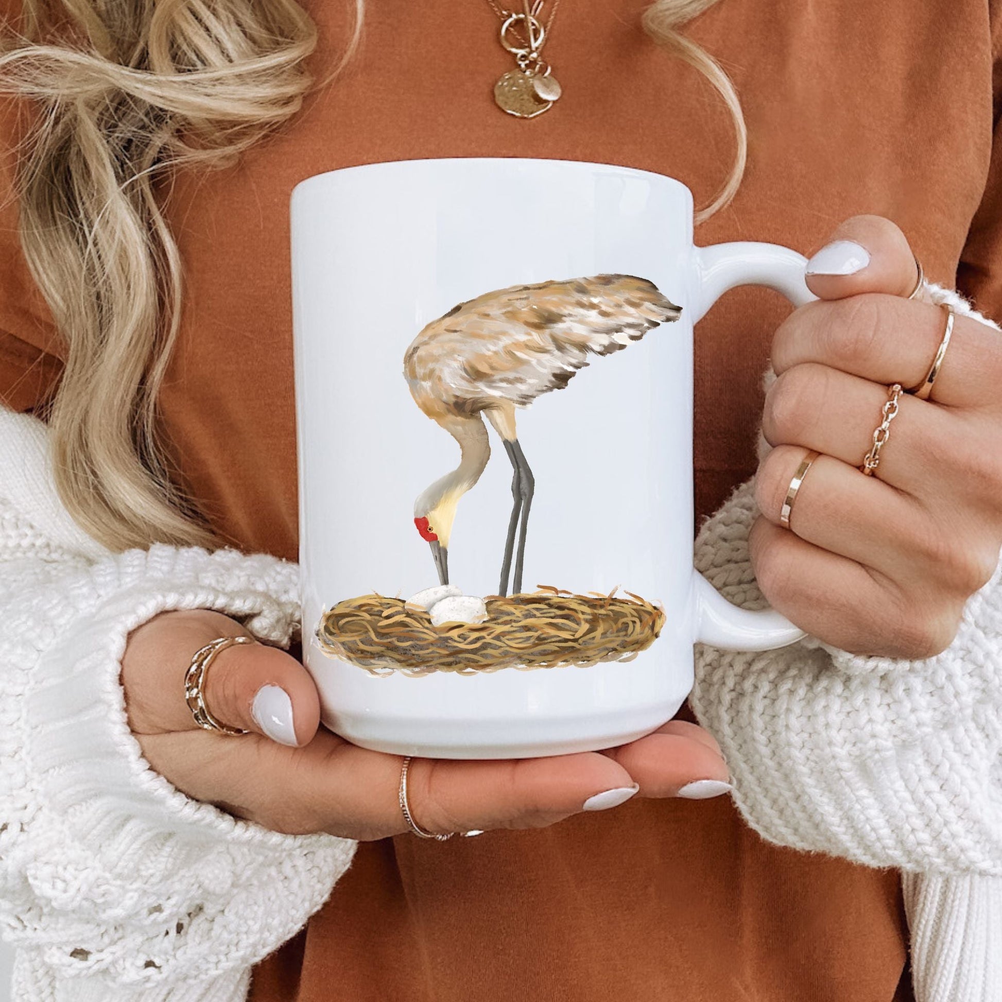 Sandhill Crane with Nest Ceramic Coffee Mug - MerikaArt