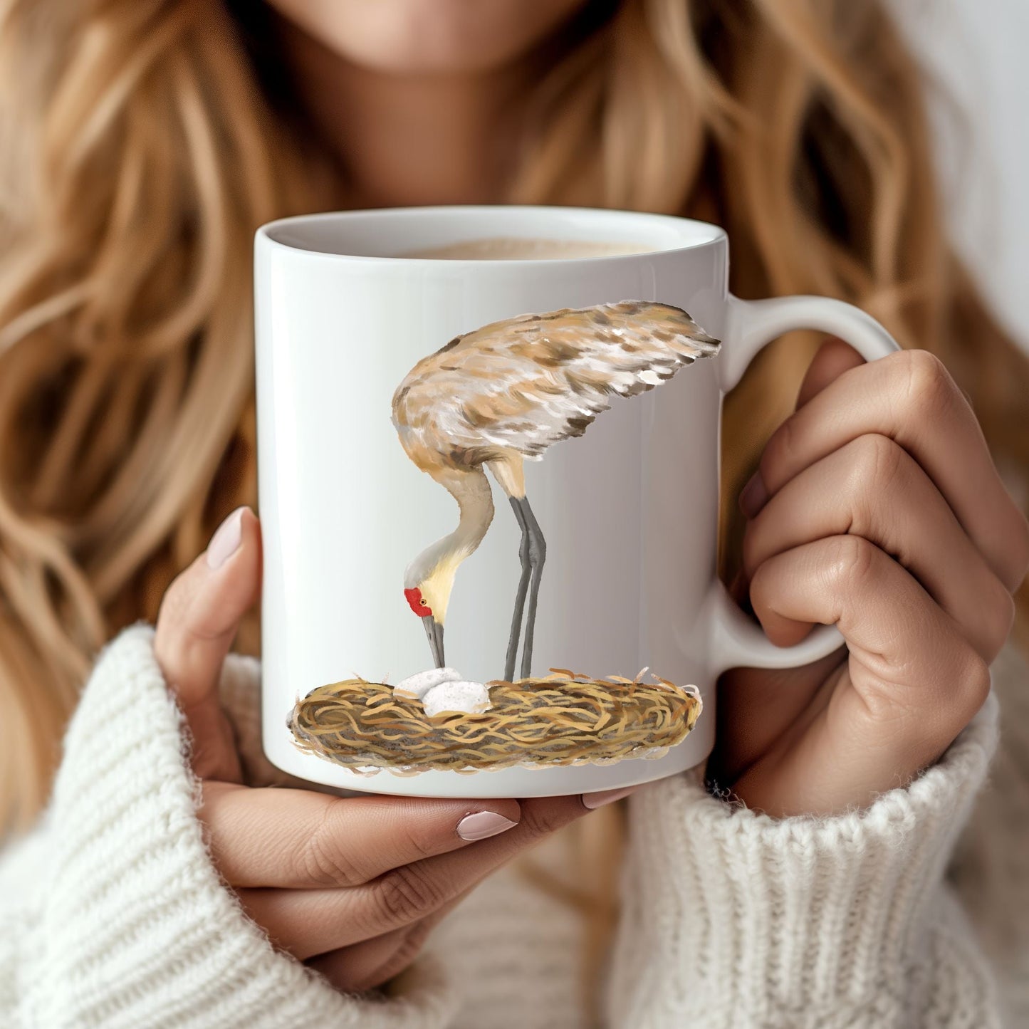 Sandhill Crane with Nest Ceramic Coffee Mug - MerikaArt