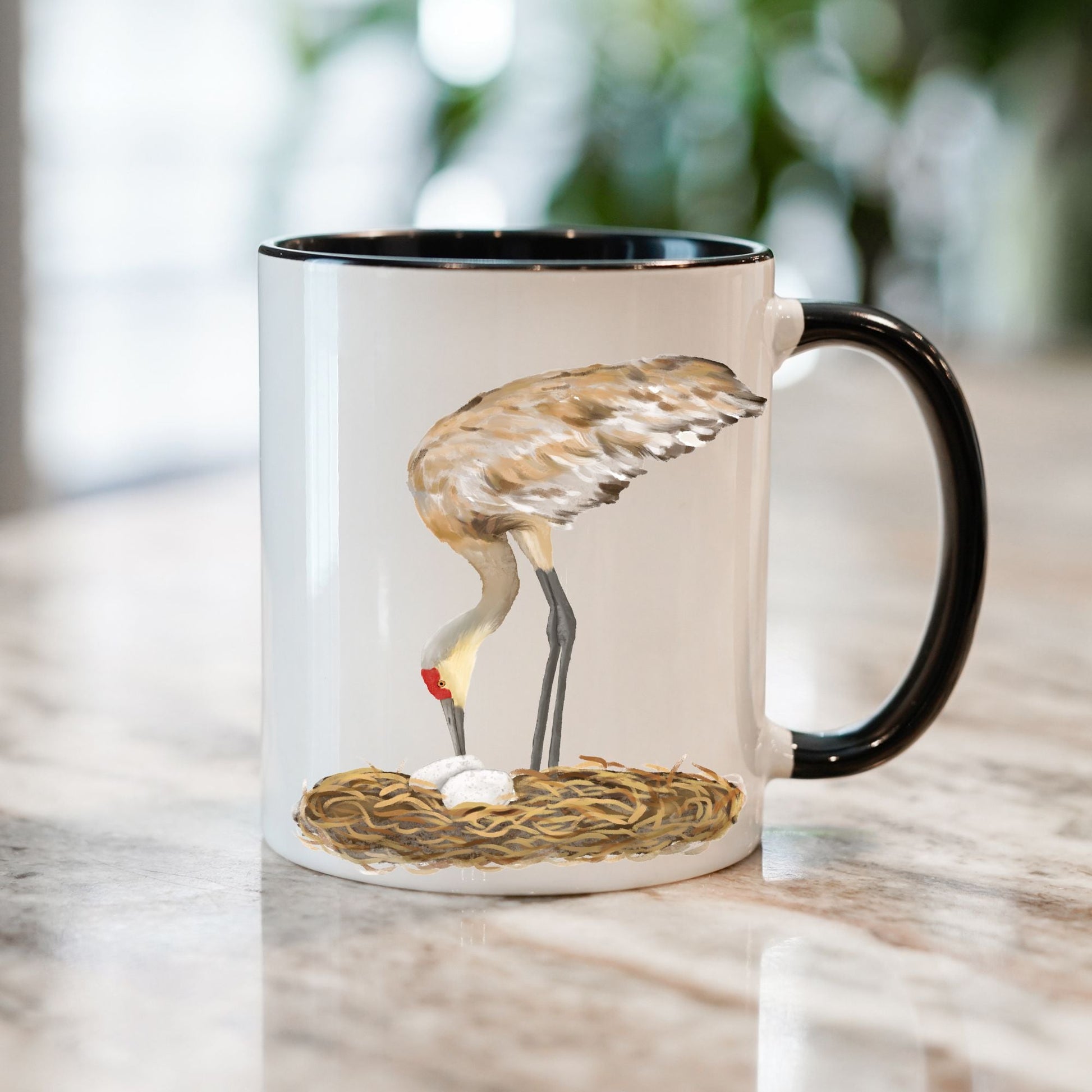 Sandhill Crane with Nest Ceramic Coffee Mug - MerikaArt