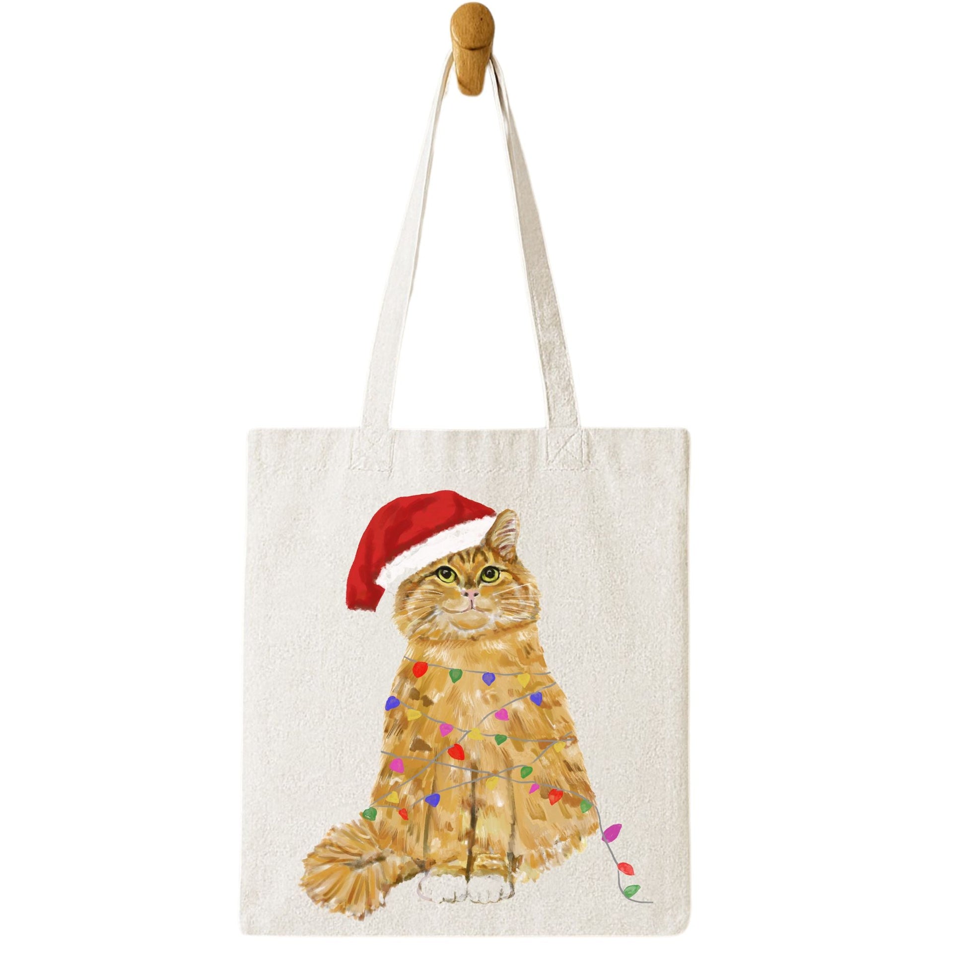 Santa Orange Cat with Christmas Lights Canvas Tote Bag - MerikaArt
