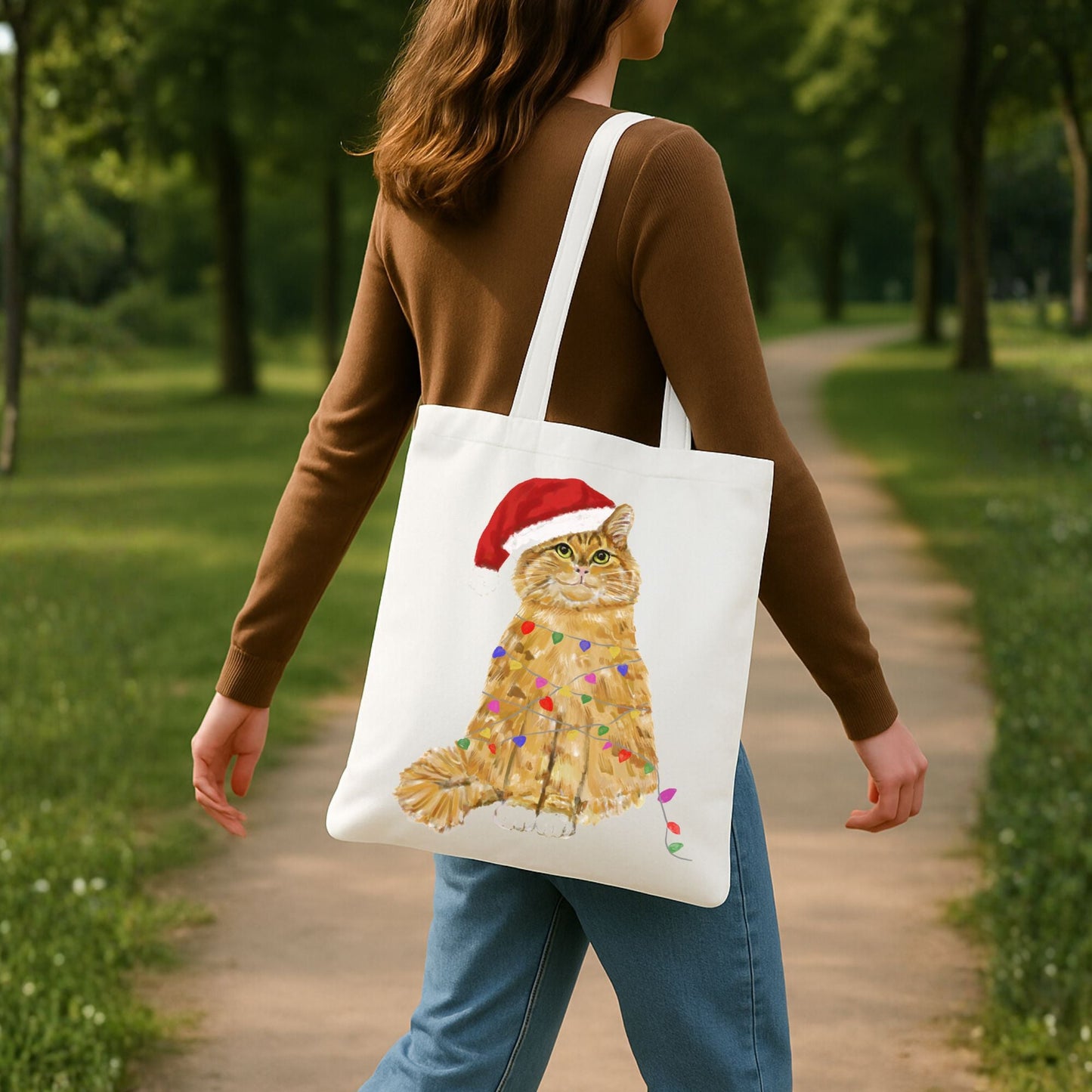 Santa Orange Cat with Christmas Lights Canvas Tote Bag - MerikaArt